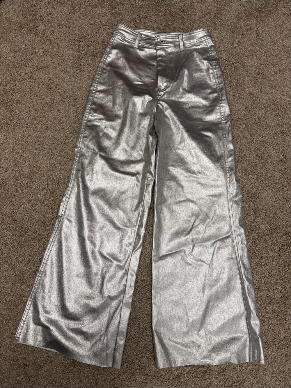Metallic Silver Wide-Leg Women's Pants Small